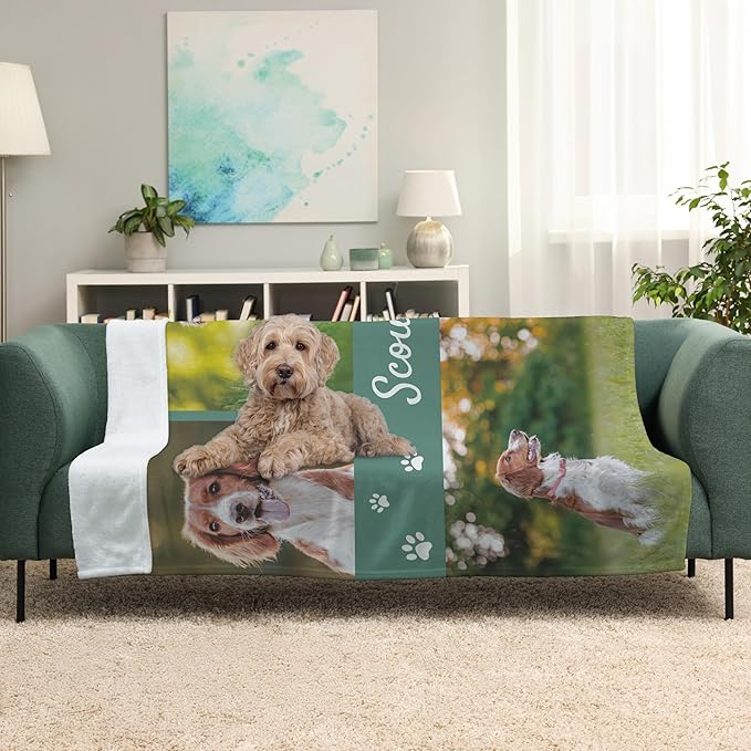 Prints Next Day – Custom 50" x 60" Sherpa Pet Lightweight Blanket with Multi-Photo Upload - Personalized with Pet Lightweight's Name - Gift for Dog or Cat Owners - Printed in America