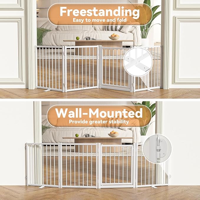 Full Metal Freestanding Dog Gate with Door, 24'' Height Foldable Pet Dog Fence for Indoor & Outdoor, 4 Panels Extra Wide Free Standing SmallDog Gates for Doorways,House,Stairs,Porch,Deck,Yard