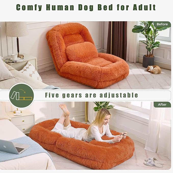 Human Dog Bed for Adult and Kids, Comfy Foldable Lazy Floor Sofa Bed with 5 Adjustable Position, Orange Upholstered Floor Bean Bag Lounger Chair for Bedroom, Living Room,Office (Orange)