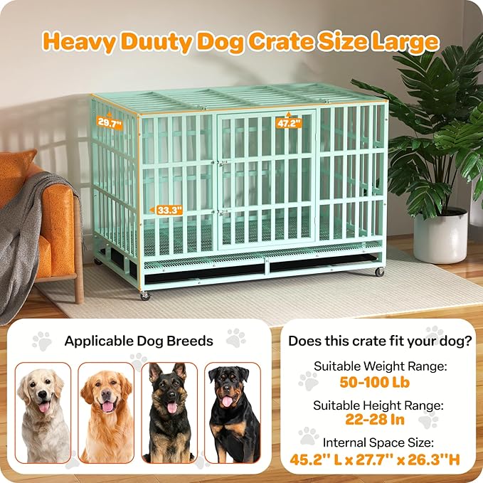 48 Inch Heavy Duty Dog Crate, Indestructible Escape-Proof Dog Kennel for High Anxiety Large Dogs, Strong Metal Pet Cage with Double Doors, Lockable Wheels & Removable Tray, XL XXL XXXL