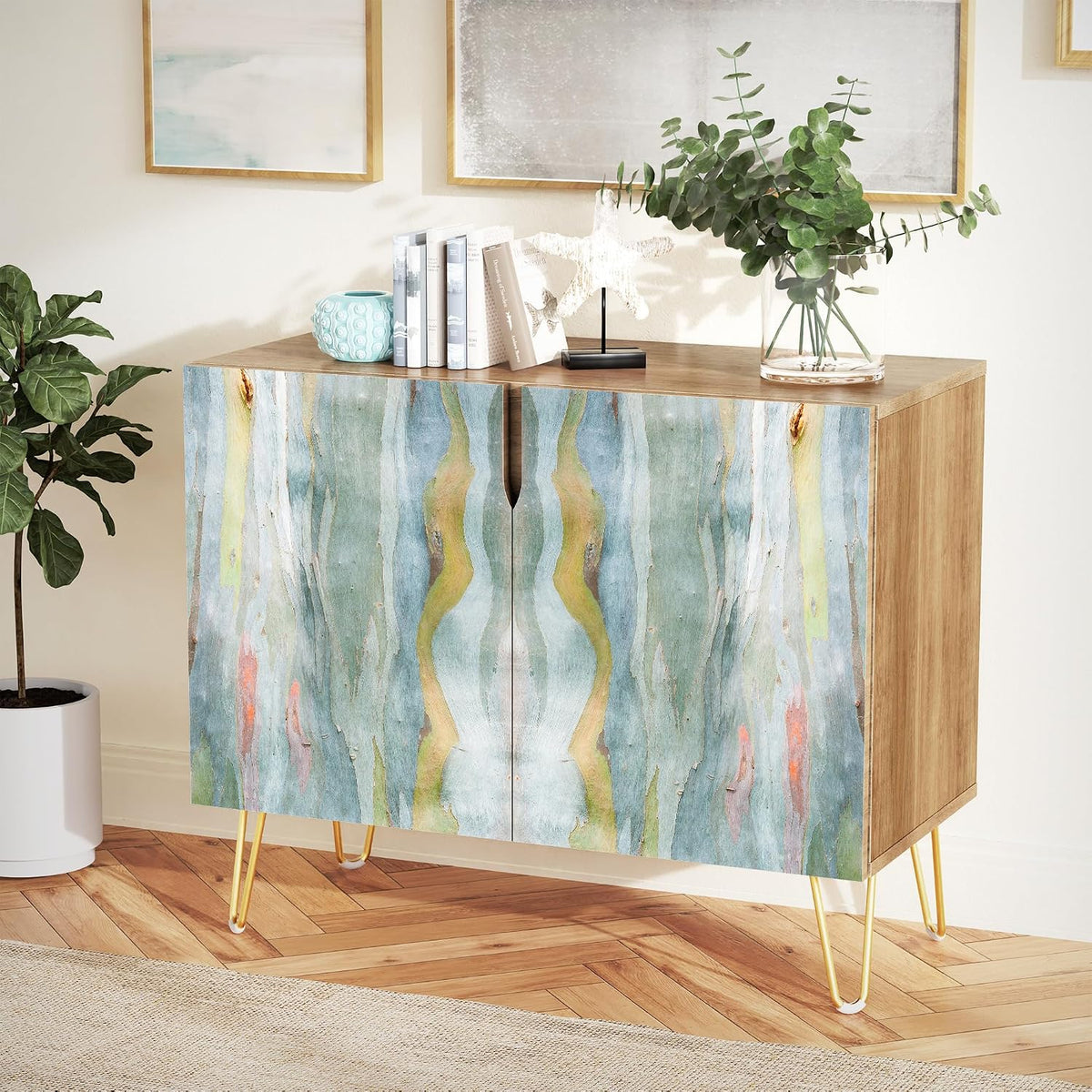 SIGNWIN Sideboard Buffet Cabinet, Kitchen Storage Cabinet with 2 Doors, Vibrant Blue Colorful Marble Pattern, Cupboard Console Table for Dining Room - 35" L x 18" W x 29" H