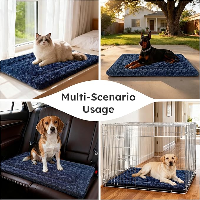 Dog Bed Mat, Dual-Sided Dog Crate Bed Mat - Ultra Soft & Machine Washable Kennel Pad for Large Dogs, All-Season Comfort Pet Bed for Crates, Travel, and Home, Dark Blue 35 x 23 Inch