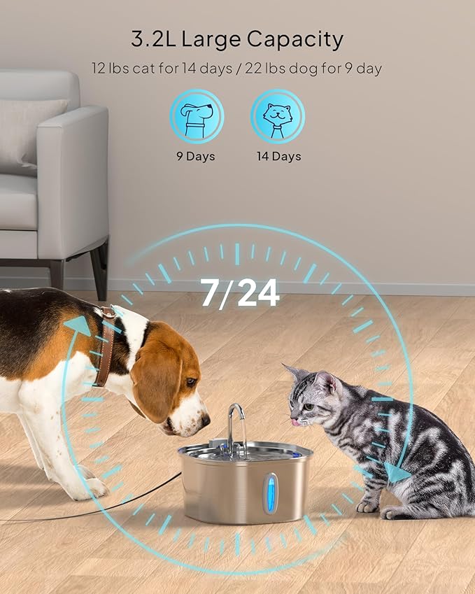 PEKTACO Stainless Steel Cat Water Fountain, 3.2L/108oz Cat Water Dispenser with Quiet Water Pump and Water-Level Window, Dishwasher Safe Pet Drinking Fountain for Cats with 3 Filters + 3 Sponges