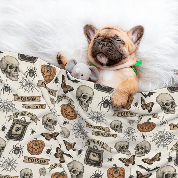 Reversible Pet Blanket for Sofa Protection Pet Comfort, Vintage Skull Skeleton Spider Web Witch Board Gothic, Double Sided Design with Cozy Nubby Nap Side and Durable Smooth Play Side