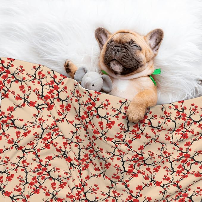 Double Sided Plush Pet Blanket with Cozy Dot Texture and Smooth Reverse, Blossom Japanese Cherry, Reversible Throw for Dogs Cats on Couches Beds Crates