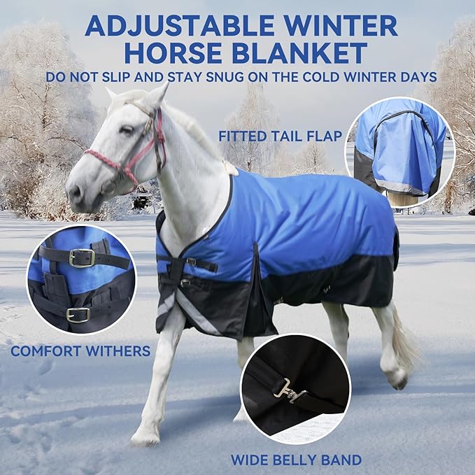 78” Winter Horse Blanket, 1200D Waterproof Poly Horse Turnout Blanket, Durable Tear-Resistant Thick Horse Blanket with Snuggit 220g Filling, Breathable Warmth Turnout Blankets for Horse