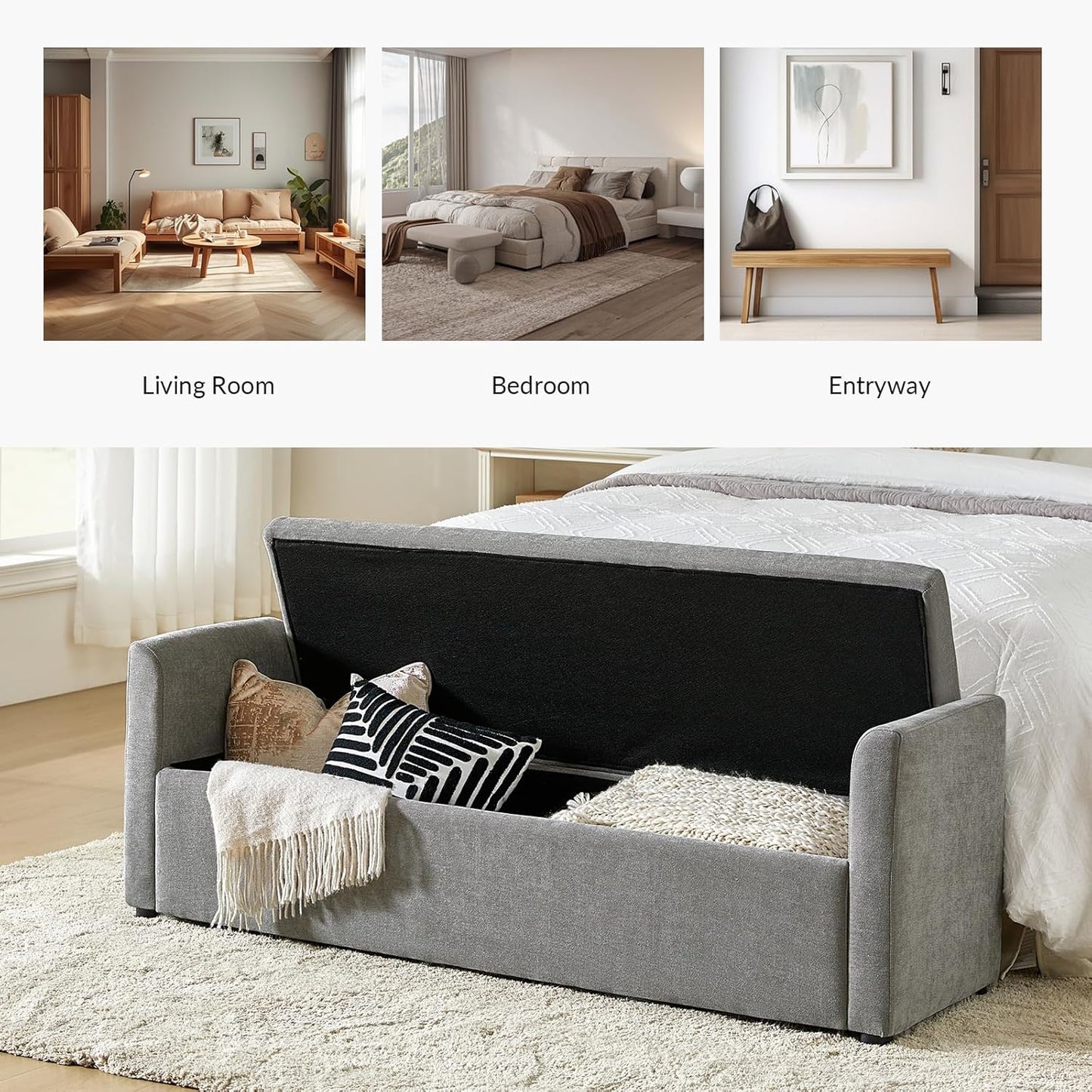 HULALA HOME Modern Storage Bench with Throw Pillows, 59.4" Extra Long Bedroom Ottoman Bench for End of Bed, Comfy Upholstered Footstool for Living Room Dining Room Entryway, Grey