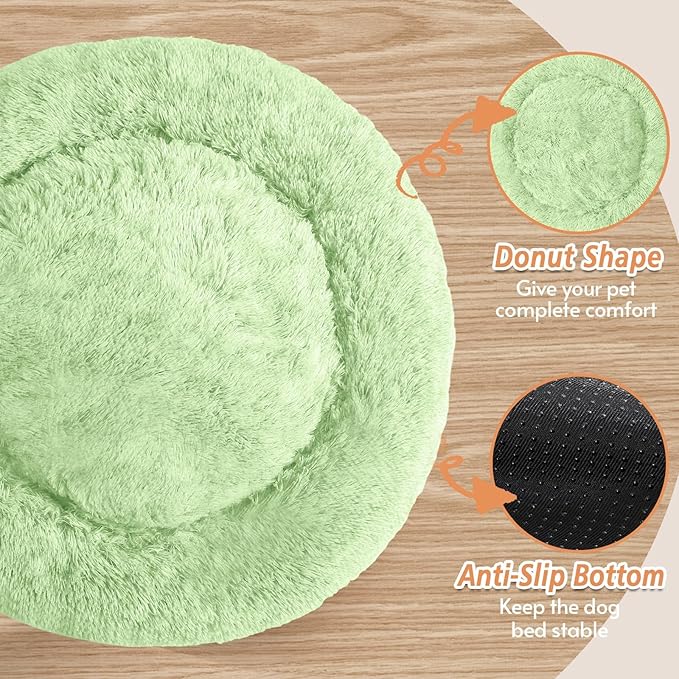 JOLLYVOGUE Medium Calming Dog Bed, Anti-Anxiety Donut Cuddler Cat Bed with Anti-Slip Bottom, Fluffy Faux Fur Machine Washable Pet Cushion for Medium Large Dog & Cat (31")