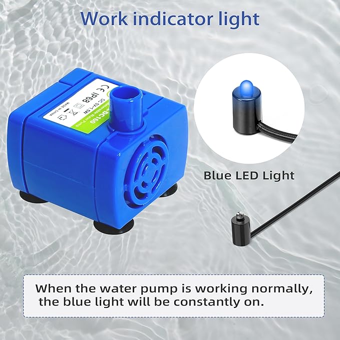 IP68 DR-DC160 Submersible Water Pump Cat Water Fountain Pump for Tritone Ceramic Stainless Steel Round Flower Cap Cat Fountains Automatic Pet Water Dispenser Replacement Pump (with LED&Adapter&Brush)