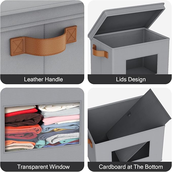 Univivi Storage Bins with Lids Collapsible Foldable Closet Storage Boxes for Clothes [3-Pack] Containers boxes with Handles Closet Storage for Home, Office, Bedroom (Grey,17" x 12"x 12")