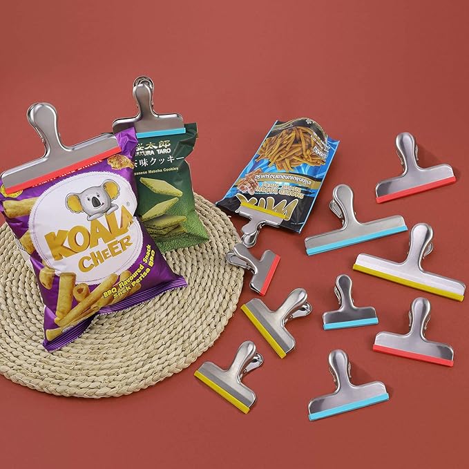 HOUSE AGAIN 12 Pack 3 Sizes Stainless Steel Chip Bag Clips Covered with Silicone - NO More Sharp Edges - Air Tight Seal Bag Clips, 5 Inches, 3 Inches and 2.5 Inches