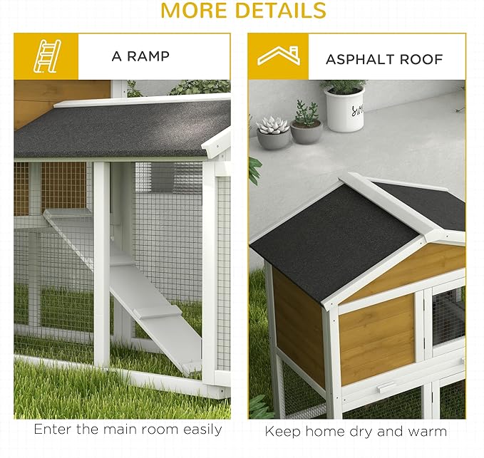 PawHut 58" Rabbit Hutch, Wooden Bunny Hutch, Guinea Pig Cage, Small Animal Enclosure with Run Area, Removable Tray, Asphalt Roof, Lockable Doors and Ramp, Nature Wood