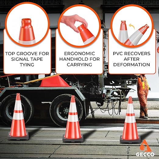 GECCO ™ (6 Pack) 28 Inch 7 Lb Heavy Duty Orange Traffic Cones Set | Durable Safety Cones, Orange Cones, Parking Cones, Construction Cones, Road Cones | PVC Plastic & Black Base - [PRO Series]