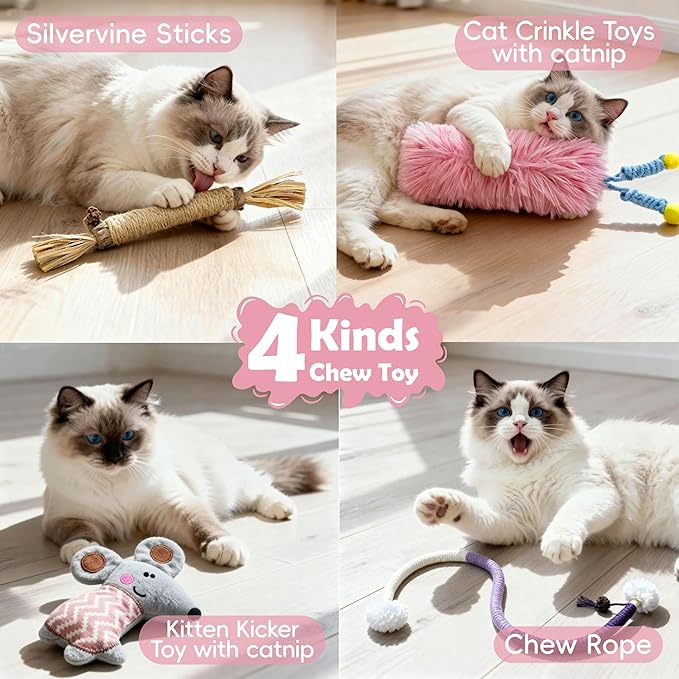 7-in-1 Kitten Toys for Indoor Cats with Washable Adhesive Suction Cup, Hanging Interactive Cat Toys, Silvervine Stick and Sisal Chew Rope Catnip Teething Toy for Bored Kitten (Pink)