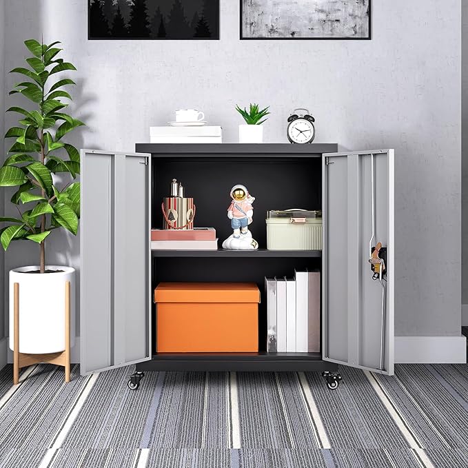 GREATMEET Metal Storage Cabinet with Locking Doors and Wheels,Garage Cabinet with Shelves for Home Office, Gym, School,Black+Grey