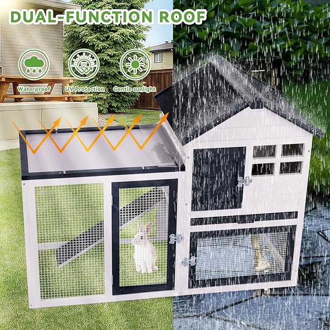 Rabbit Hutch Bunny Cage Indoor/Outdoor, Small Chicken Coop, with Metal Mesh Floor & Removable Tray, Secure Sliding Door, Chew-Resistant Rug Ramp