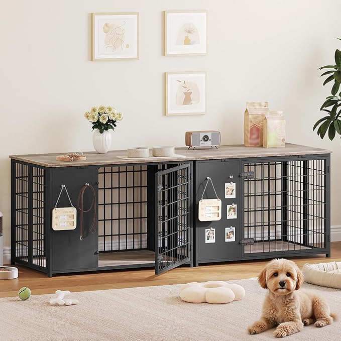 Foldable Dog Crate Furniture, Dog Crate with DIY Frame, Heavy Duty Dog Kennel Indoor with Hooks, Wooden Dog Cage End Table, for Small/Medium Dogs, Greige DC95BG