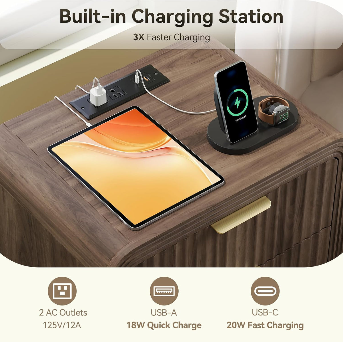 Decofy Fluted 3-Drawer Nightstand Set of 2 with Charging Station, Walnut