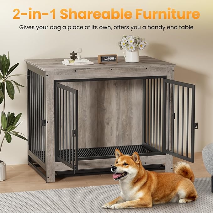 Dog Crate Furniture, 38 Inch Indoor Dog Kennel for Medium Dogs Up to 50 LBS, Heavy Duty Wooden Pet Cage End Table with 3 Doors, Alloy Steel Frame & Removable Tray