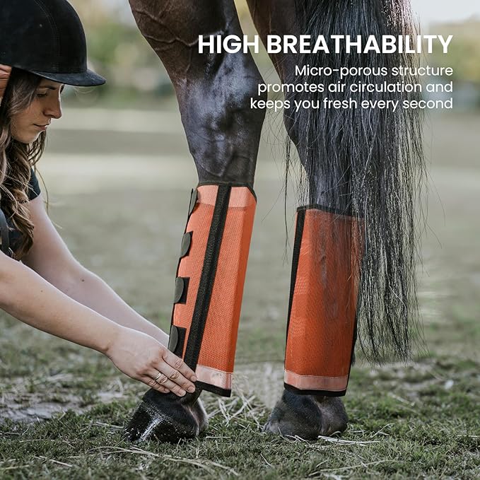 Fly Boots for Horses Set of 4 Leg Wraps Protection, Mesh Horse Fly Leggings Breathable Tendon Boots for Reduces Stomping & Leg Fatigue Orange Large