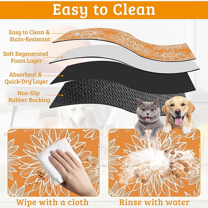 Retro Geometric Aesthetic Dog Food Mat,Orange Absorbent Pet Feeding Mat for Food and Water Bowl,Quick Dry Dog Placemat Non Slip Rubber Backing Waterproof Pet Supplies 16" x 24"