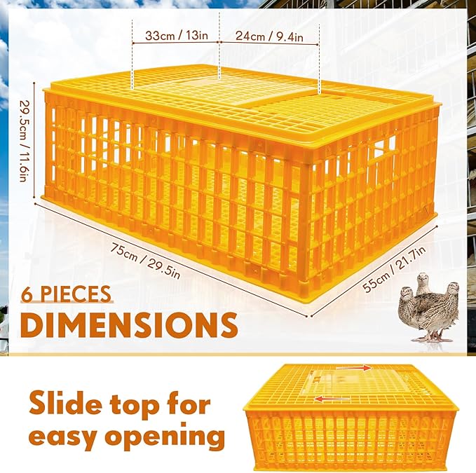 Sintuff 6 Pcs Poultry Carrier Crate Plastic Chicken Transport Cage Bird Carriers Chickens Carrier Travel Crate Basket Box for Poultry Chicken Bird Duck Goose, 29.5 x 21.7 x 11.6 Inch