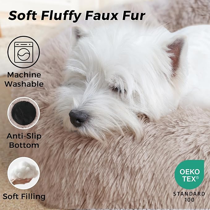 Calming Dog Bed & Cat Bed with Anti-Slip Bottom, Medium Size Washable Anti-Anxiety Donut Dog Beds for Small Dogs & Cats, Fluffy Plush Cozy Round Dogs Bed(24 Inch, Light Brown)