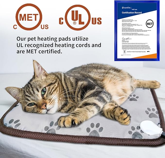 Cat Heating Pad Round with Smart Thermostat Switch and Power Line Protection Tube,Obtained MET and UL Dual Certification,Waterproof Pet Heating Pad for Cats-Paw Print