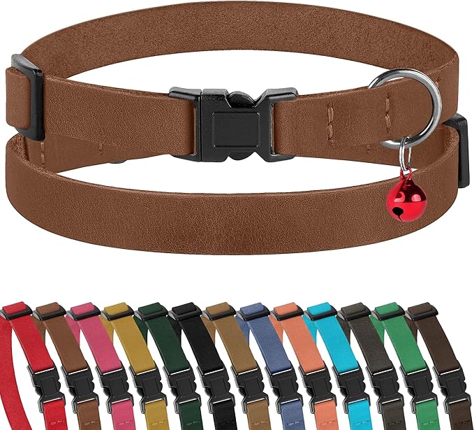 Muromto Breakaway Cat Collar Leather Soft Adjustable Pet Kitten Collars with Bell Pink Brown Blue Green Red (Cognac)