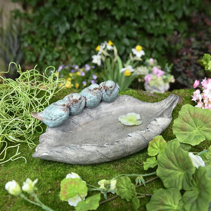 Bird-Feeder Wild Bird-Bath Bowl Outdoors - Garden Decor Polyresin Birds on Leaf 12.4 * 7.5 * 4.1 Inch-Newman House Studio