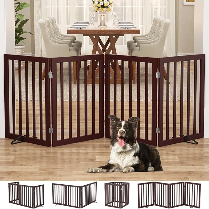 Homykic Bamboo Freestanding Dog Gate, No Assembly Pet Gate Indoor, 24”H x 75”W Extra Wide Foldable Puppy Fence with Support Feet for The House, Doorways Stairs, 4 Panels, No Drilling, Espresso