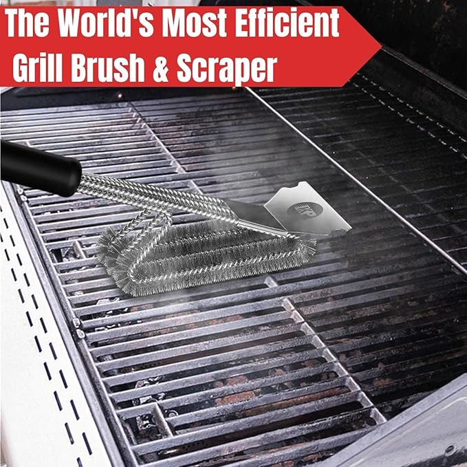 KITCHEN PERFECTION Safe Wire Grill Brush for Outdoor Grill w/Grill Scraper & Grill Mat Grill Cleaning Kit -Extended Handle BBQ Brush for Effortless Grill Cleaning Grill Cleaner Brush Barbecue Tools