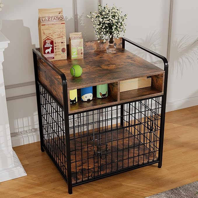 Small Dog Crate Furniture with Drawers Storage, Puppy Dog Kennel Indoor with Double Doors, Heavy Duty Wooden Dog Cage Table, Sturdy Metal, Rustic Brown