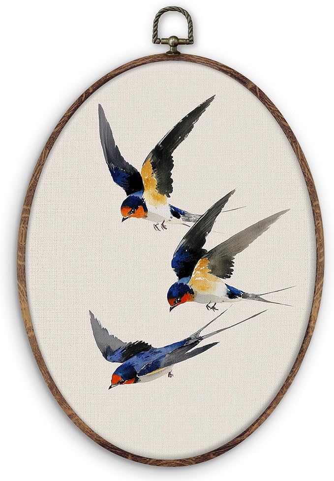 DILSJ Vintage Swallow Bird Oval Wall Art Decor, Rustic Nature Bird Canvas Wall Art Framed, Watercolor Japanese Swallow Hanging Decorations for Home Living Room Bedroom, 11x8.5 Inch