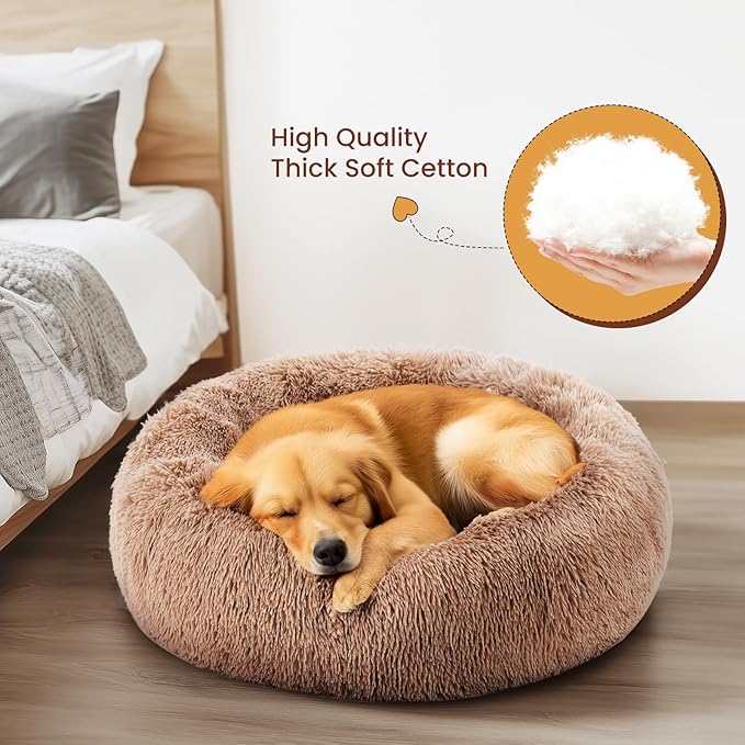 DUMOS Donut Dog Bed, Washable Dog Couch Bed with Removable Cover, Waterproof Pet Bed for Small Size Dogs, Memory Foam Pet Bed Non-Slip Base, Brown