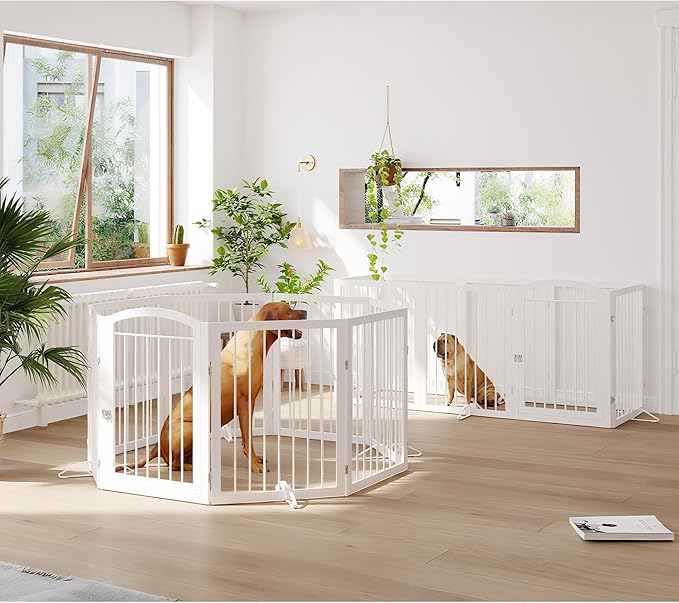 JSB 192-inch Extra Wide 30-inch Tall Dog gate with Door Walk Through,Full Matel Freestanding Round Tube Pet Gate for Halls Stairs, Puppy Safety Dog Fence with 4PCS Support Feet (White)