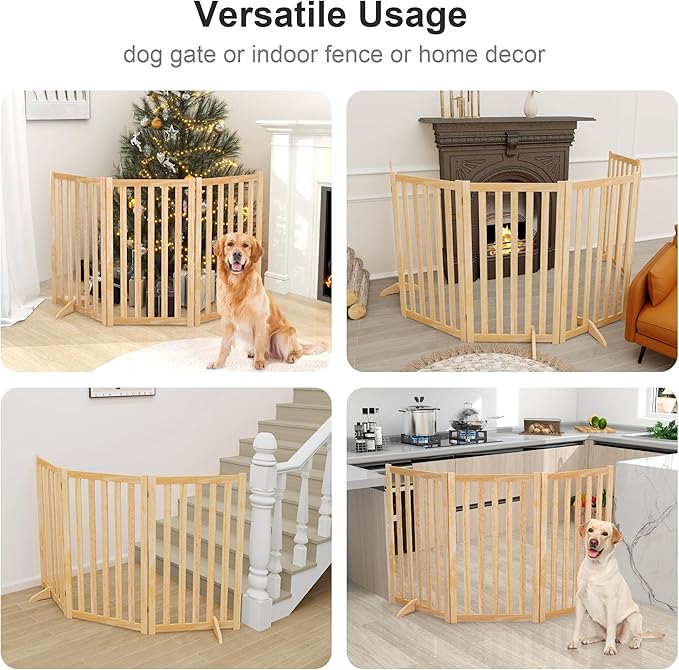 36" Height Extra Tall Freestanding Pet Gate, Solid Wood Folding Safety Fence Wooden Dog Gate with 2 PCs Support Feet Ideal for Stairs, Doorways, Halls, Kitchens, Heavy Duty Gates, 3 Panels, Oak
