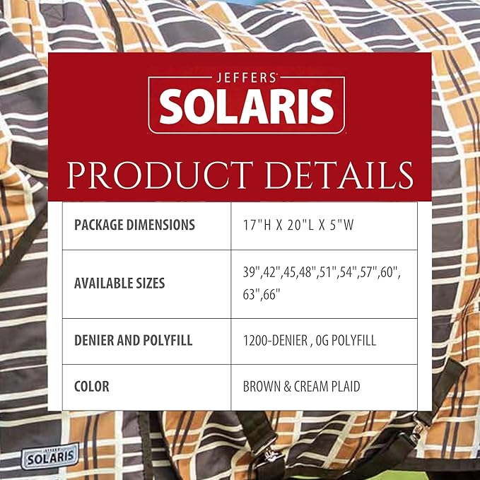 Jeffers Pony Poppins Solaris 1200 Denier Turnout Blanket Brown & Cream Plaid 60" - Waterproof, Breathable Horse Blanket with 0 gram Polyfill, No Insulation, Ideal Protection for Wind & Rain,