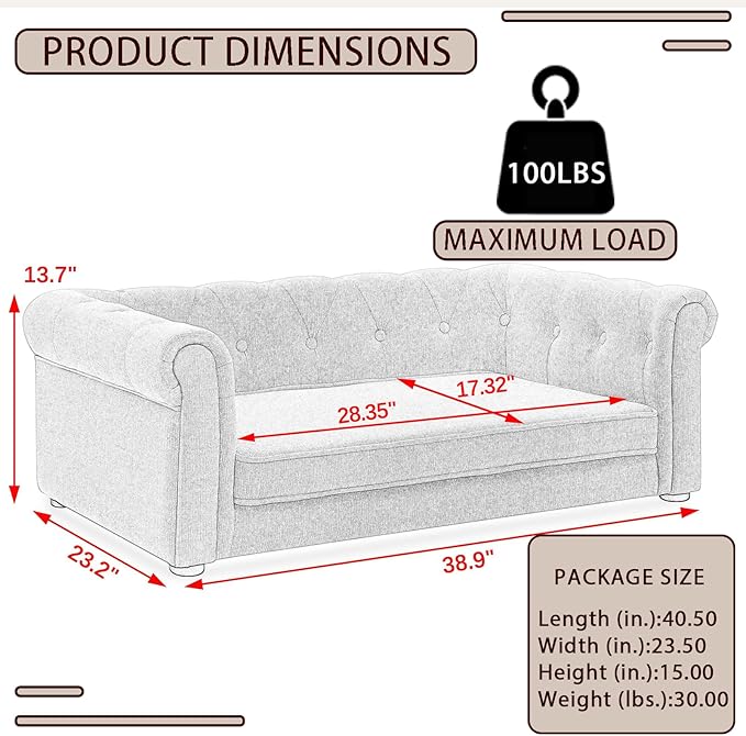 Elevated Rectangle Dog Sofa for Small & Medium Dogs - Comfortable Linen Fabric Dog Bed with Button Tufted Back, Durable Modern and Stylish Pet Bed for Living Room, Bedroom (Dark Grey)
