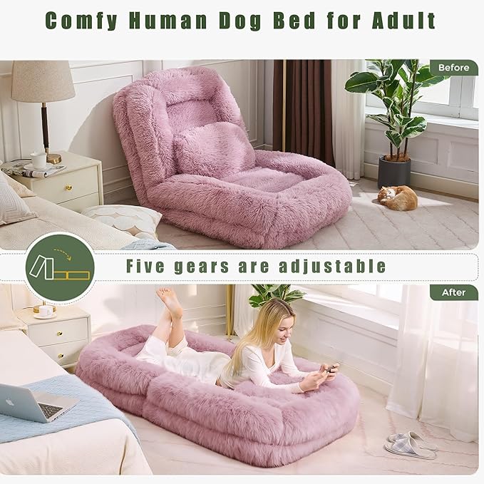 Human Dog Bed for Adult and Kids, Comfy Foldable Lazy Floor Sofa Bed with 5 Adjustable Position, Pink Upholstered Floor Bean Bag Lounger Chair for Bedroom, Living Room,Office (Pink)