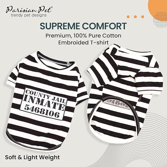 Parisian Pet Prisoner Dog Shirt - Black and White Striped Cotton Costume - Lightweight Polyester Sleeved Outfit for Large Dogs - Pet Clothes - 5XL