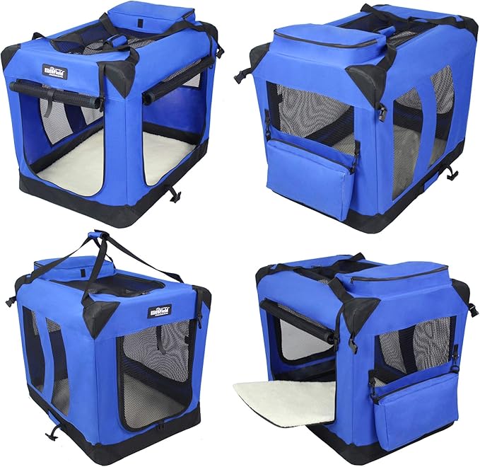EliteField 3-Door Folding Soft Dog Crate with Carrying Bag and Fleece Bed (2 Year Warranty), Indoor & Outdoor Pet Home (42" L x 28" W x 32" H, Royal Blue)