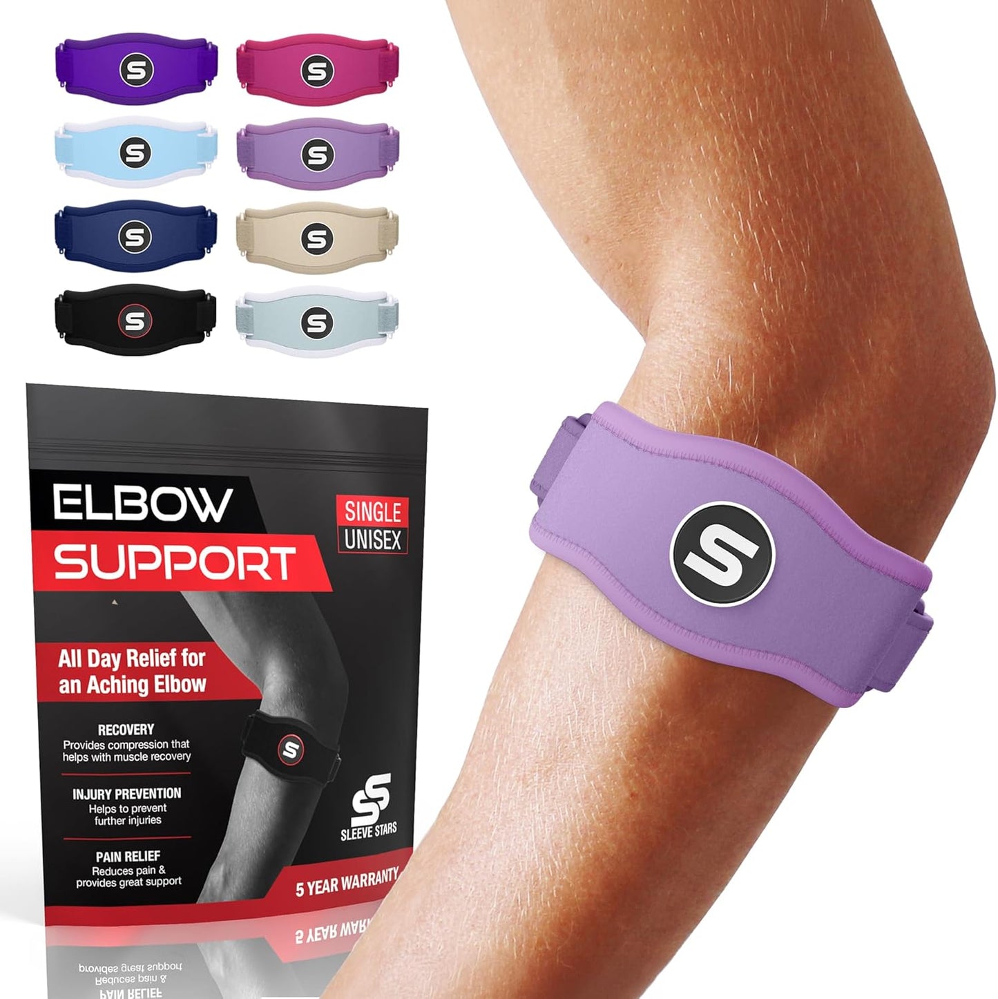 Sleeve Stars Tennis Elbow Brace for Women - Adjustable Tennis Elbow Strap, Golfers Elbow Brace for Men, Counterforce Brace for Tennis Elbow for Tendonitis Relief, Fits 9"-23" (Pair/Light Purple)