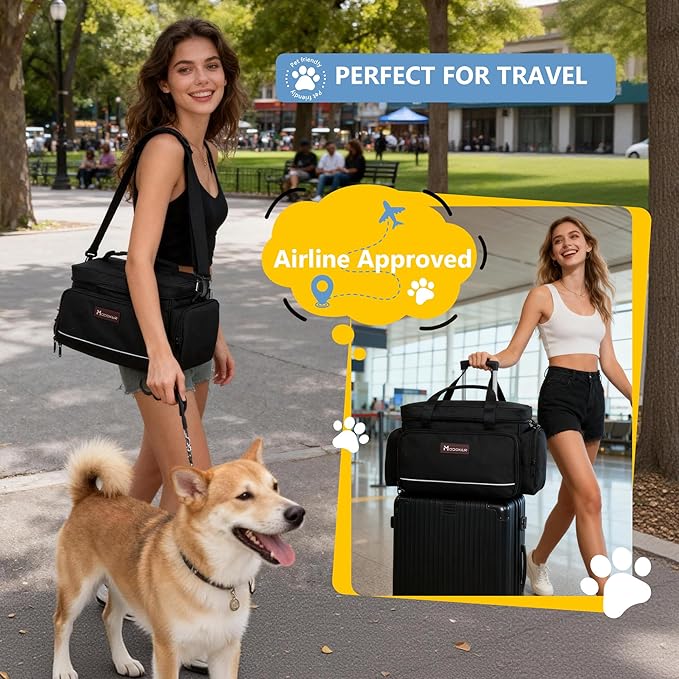 Modoker Dog Travel Bag Airline Approved Pet Cat Tote Organizer for Weekend Trips, 2 Bowls, 2 Food Containers & Feeding Mat