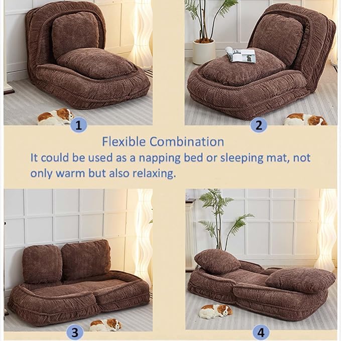 Human Dog Bed for Adult and Kids, Comfy Foldable Lazy Floor Sofa Bed with 5 Adjustable Position, Grey Upholstered Floor Bean Bag Lounger Chair for Bedroom, Living Room,Office (Brown)