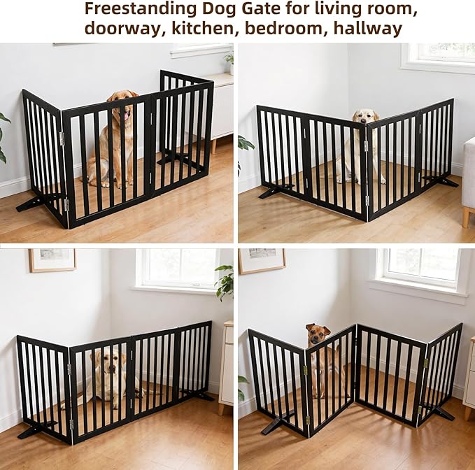 ZJSF Freestanding Indoor Dog Gate for House Foldable Wood Puppy Gate for Doorways Pet Gate for Stairs Extra Wide Pet Fence, Black, 32" Height 4 Panels