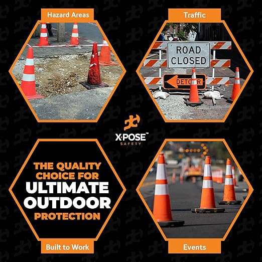 Xpose Safety 36 Inch Orange Traffic Cones Heavy Duty 15lb with 6" & 4" Collars, 12 Pack - Multipurpose PVC Plastic Safety Cone for Parking, Soccer, Caution, Kids and Construction - DOT Approved