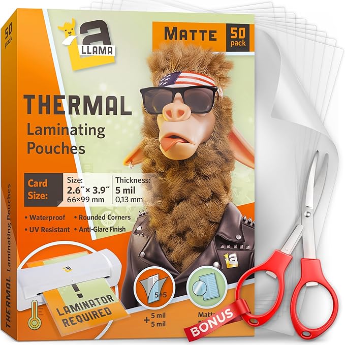 Thermal Laminating Pouches, Matte Finish, 2.6 x 3.9 Inches, 5 Mil Thick, 50 Pack, Suited for Business Card Size Laminating Sheets 2 x 3.5