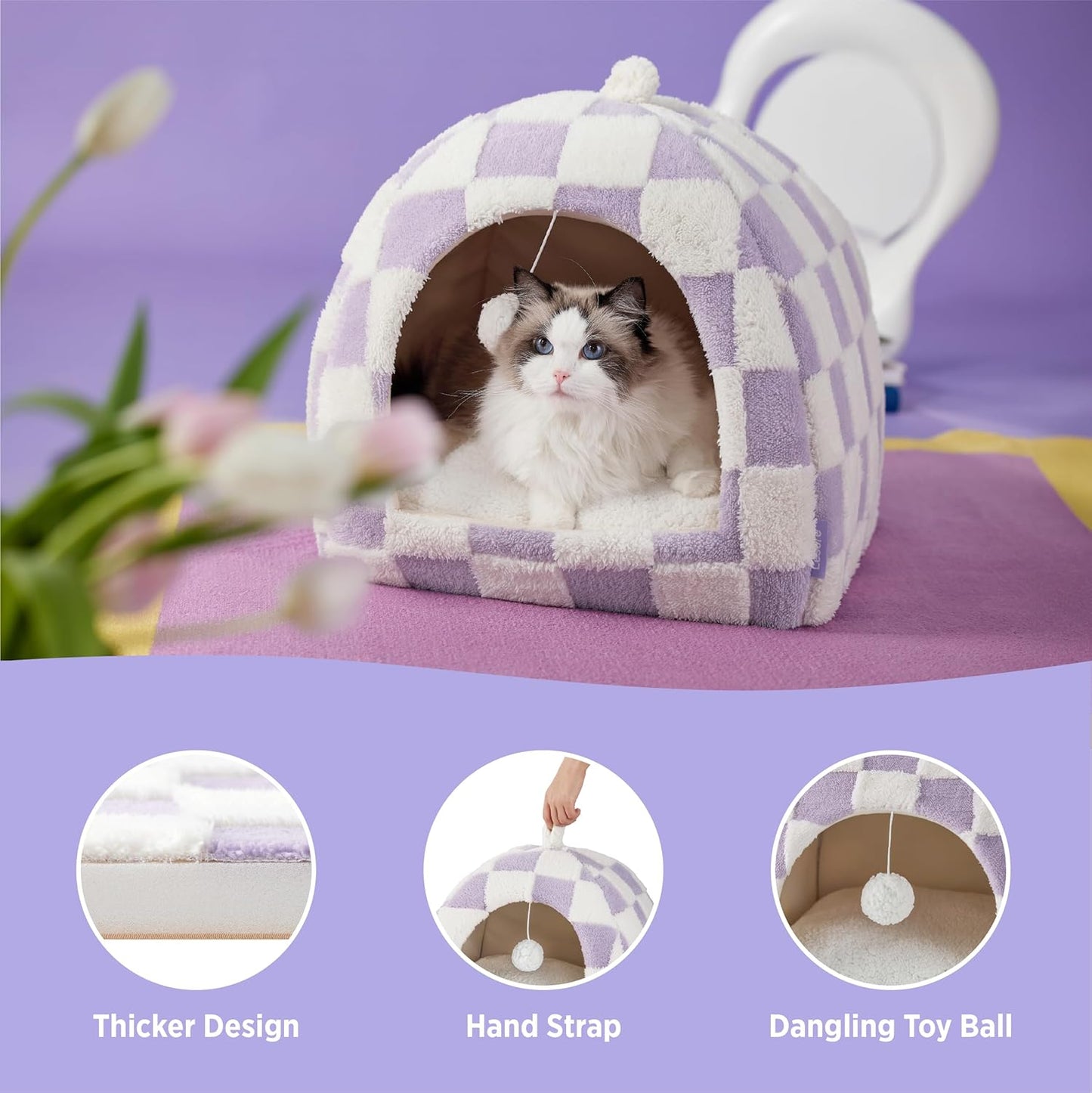 Lesure Cute Cat Beds for Indoor Cats - 2 in 1 Large Cat Cave Bed with Removable Washable Cushioned Pillow, Cozy Kitten with Non-Slip Bottom, Purple, 17.3 inches