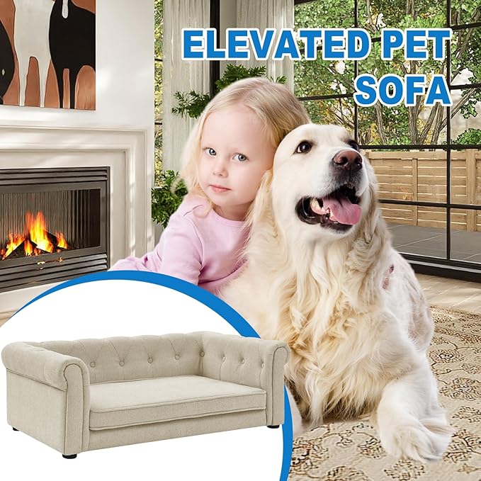 Dog Couch for Large Dogs, Elevated Durable Pet Sofa Bed, 24" W Comfortable Modern and Stylish Dog Sofa Couch with Dry Cleanable Fabric, Furniture for Medium & Large Breed (Beige)